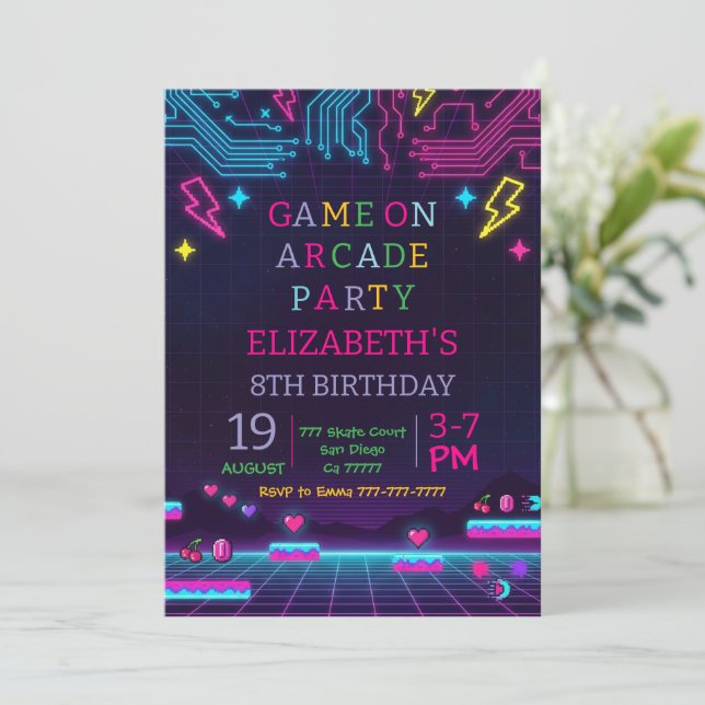Invitation Fête d'anniversaire de jeu de arcade rétro Neon Gl (Debout devant)