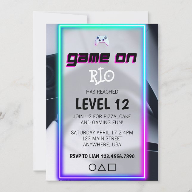 Invitation Fête d'anniversaire de jeu vidéo néon Game On Leve (Devant)