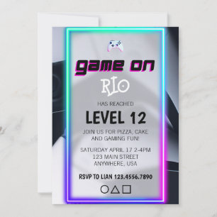 Invitation Fête d'anniversaire de jeu vidéo néon Game On Leve