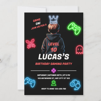 Invitation Fête d'anniversaire de jeu vidéo néon - Niveau sup