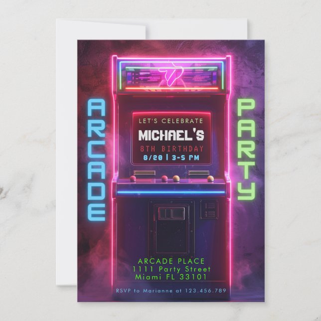 Invitation Fête d'anniversaire de jeu vidéo rétro avec néon (Devant)