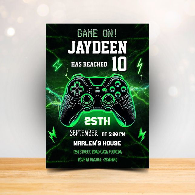 Invitation Fête d'anniversaire de jeu vidéo vert (Créateur téléchargé)