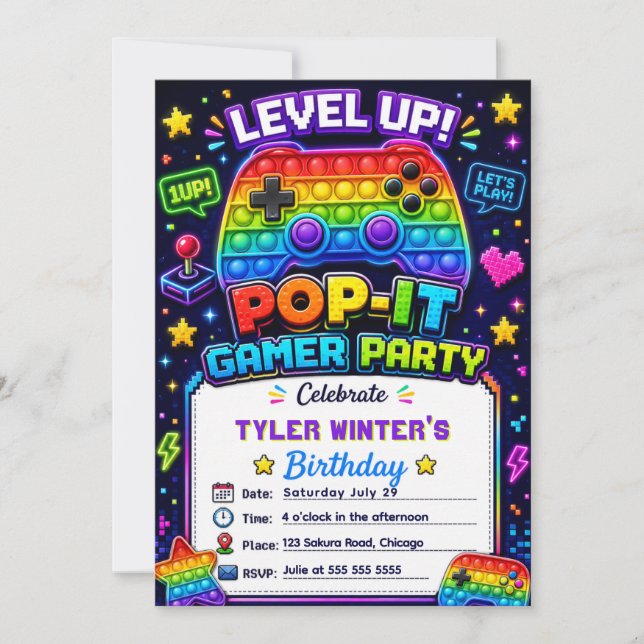 Invitation Fête d'anniversaire de joueur Pop It (Devant)