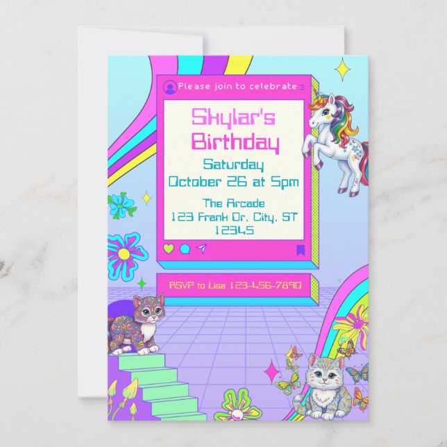 Invitation Fête d'anniversaire de joueuse néon girly avec des (Devant)