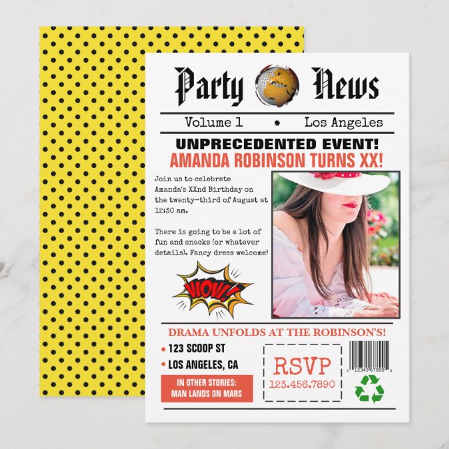 Invitation Fête d'anniversaire de journal rétro (Devant / Derrière)