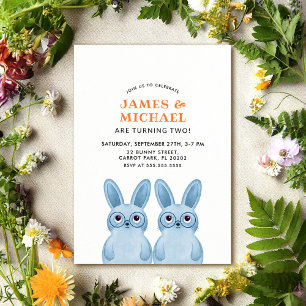 Invitation Fête d'anniversaire de jumeaux avec des lapins ble