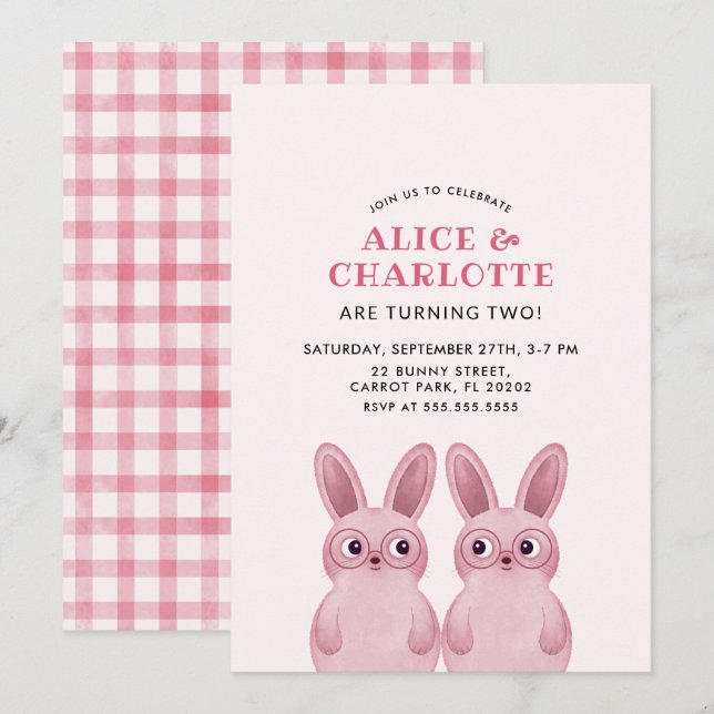 Invitation Fête d'anniversaire de jumeaux Bunny pour bébés fi (Devant / Derrière)