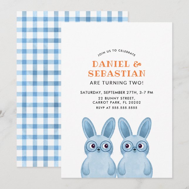Invitation Fête d'anniversaire de jumeaux Bunny pour bébés ga (Devant / Derrière)