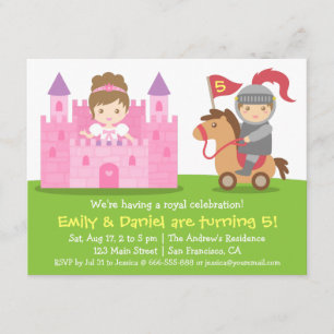 Invitation Fête d'anniversaire de jumeaux princesse et cheval