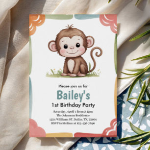 Invitation Fête d'anniversaire de jungle de singe mignon pour