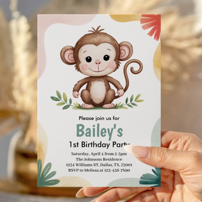 Invitation Fête d'anniversaire de jungle de singe mignon pour (Créateur téléchargé)