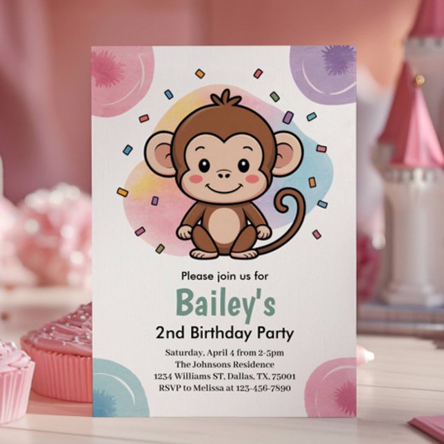 Invitation Fête d'anniversaire de jungle de singe mignon pour (Créateur téléchargé)