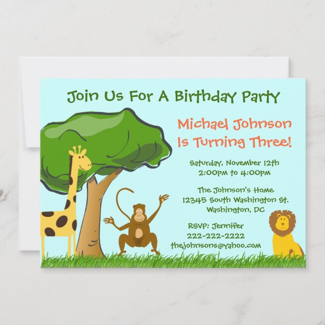 Invitation Fête d'anniversaire de jungle de zoo d'animaux du (Devant)
