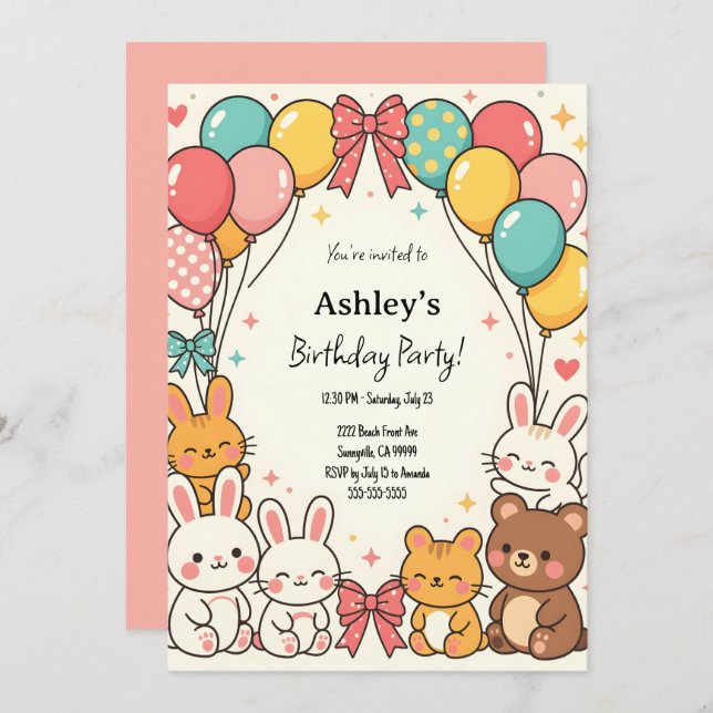 Invitation Fête d'anniversaire de Kawaii Kid's Cute (Devant / Derrière)