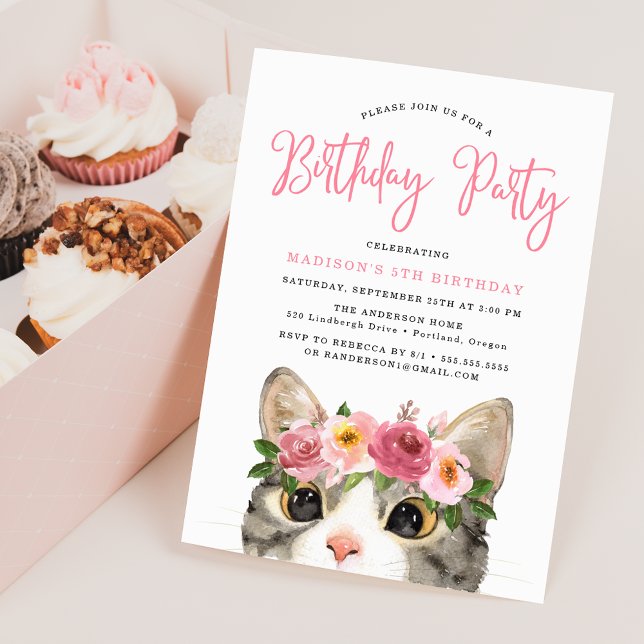 Invitation Fête d'anniversaire de Kitty à l'aquarelle douce (Créateur téléchargé)