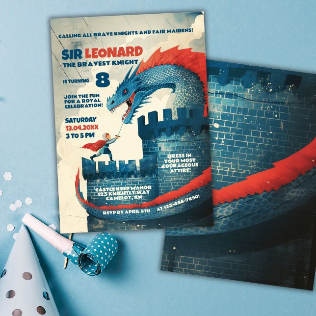 Invitation Fête d'anniversaire de Knight et Dragon sans peur (Créateur téléchargé)