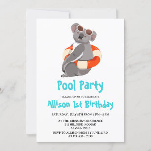 Invitation Fête d'anniversaire de koala drôle et mignon nagea