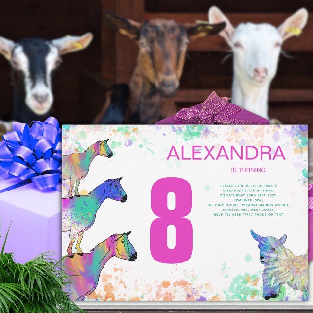 Invitation Fête d'anniversaire de la chèvre mignonne 8 ans (Cute goats colorful farm animal art 8th birthday party invitation watercolor splash pink Typography)