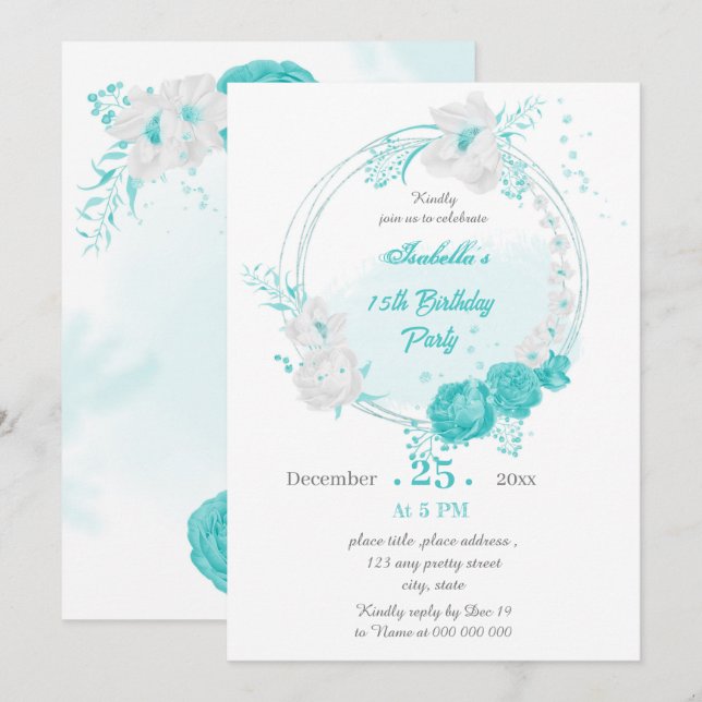 Invitation fête d'anniversaire de la couronne florale blanche (Devant / Derrière)