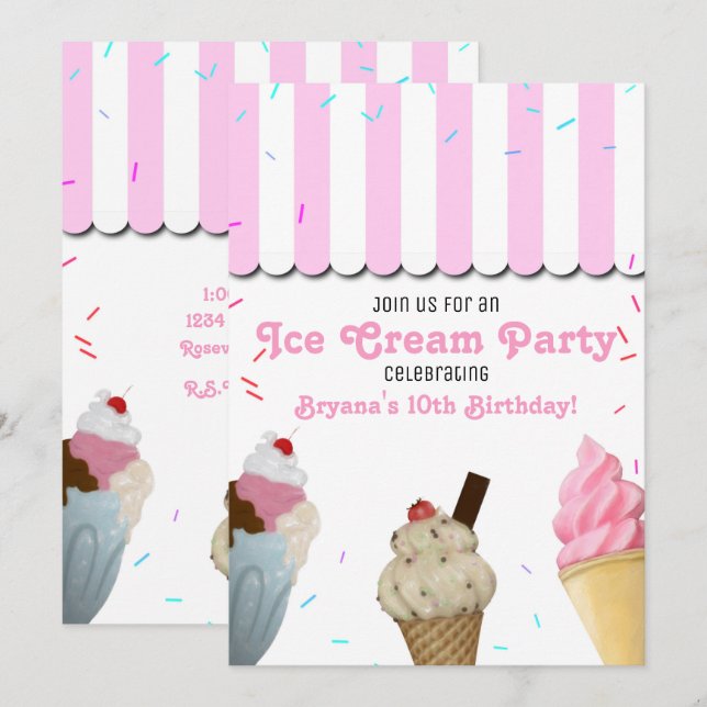 Invitation Fête d'anniversaire de la crème de glace Pink I (Devant / Derrière)