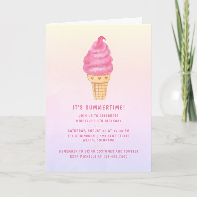 Invitation Fête d'anniversaire de la Crème de glace rose (Devant)