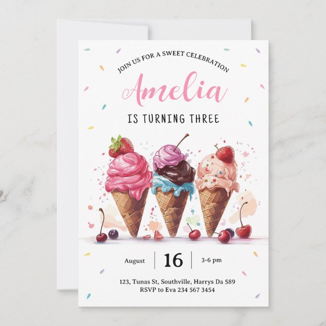 Invitation Fête d'anniversaire de la crème glacée (Devant)