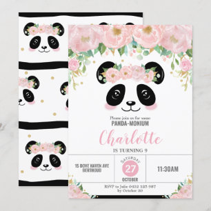 Invitation Fête d'anniversaire de la Cute Panda Florale Rose