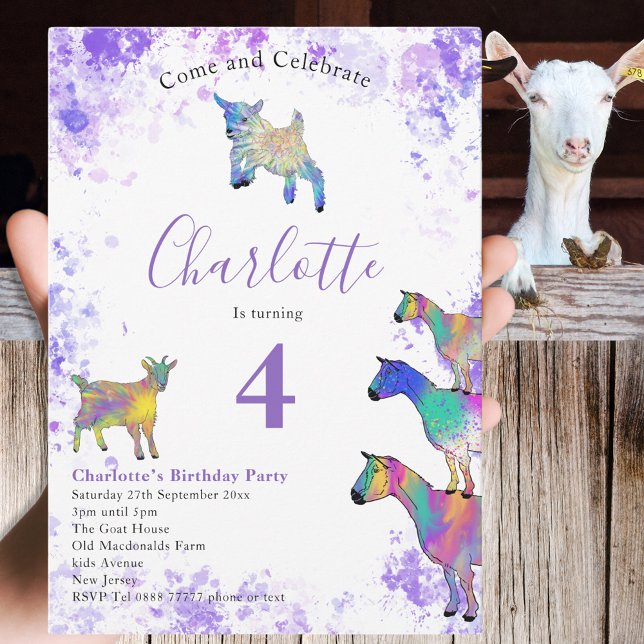 Invitation Fête d'anniversaire de la ferme de chèvres mignonn (Farm goats 4th birthday party invitation colorful watercolor animal art)