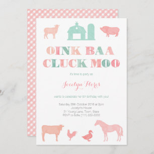 Invitation fête d'anniversaire de la ferme pour fille, oink b