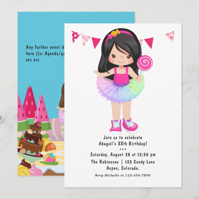 Invitation Fête d'anniversaire de la fille au tutu de Candy L (Devant / Derrière)
