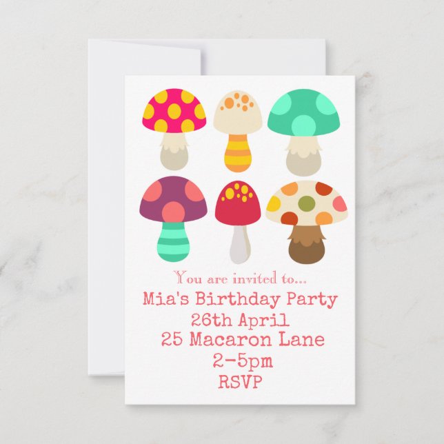 Invitation Fête d'anniversaire de la fille aux champignons ro (Devant)