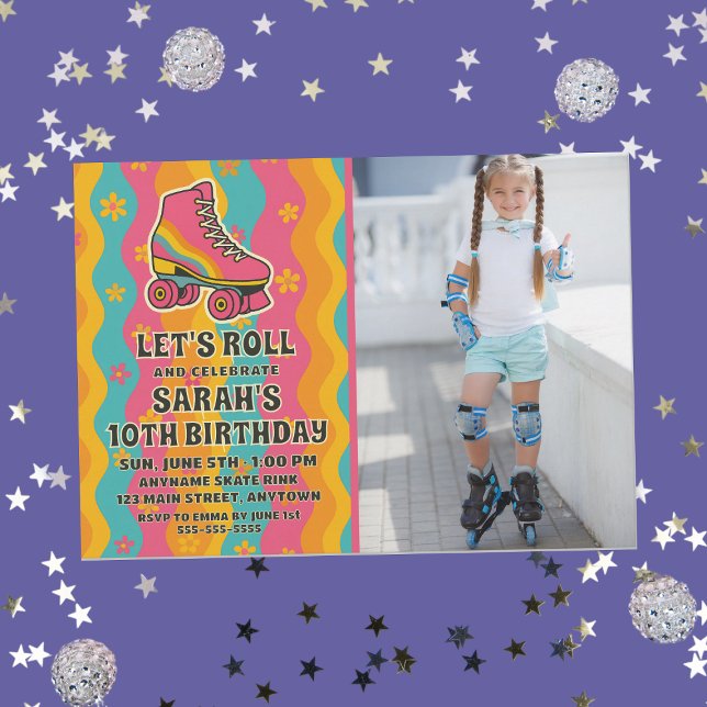 Invitation Fête d'anniversaire de la fille de patinage photo  (Retro Roller Skating Girls Birthday Party Welcome Banner
)