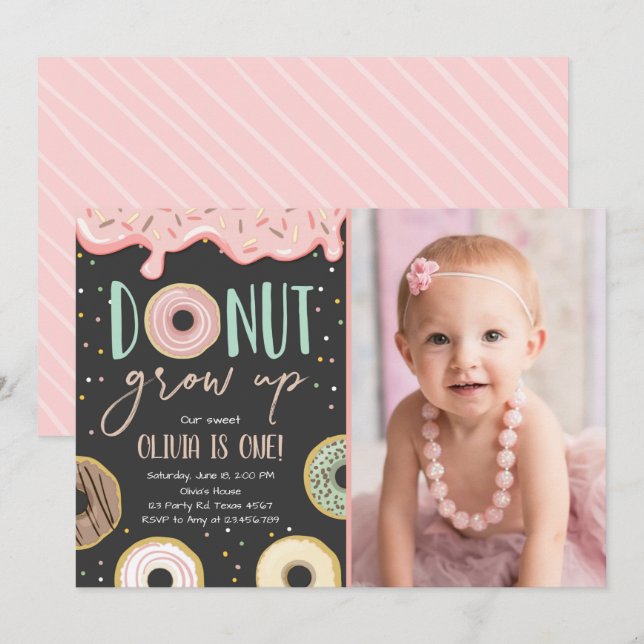 Invitation Fête d'anniversaire de la fille Doughnut rose (Devant / Derrière)