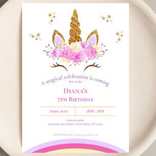 Invitation Fête d'anniversaire de la fille licorne magique mi