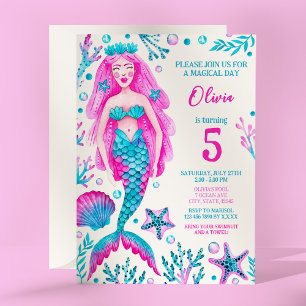 Invitation Fête d'anniversaire de la fille Mermaid rose et tu