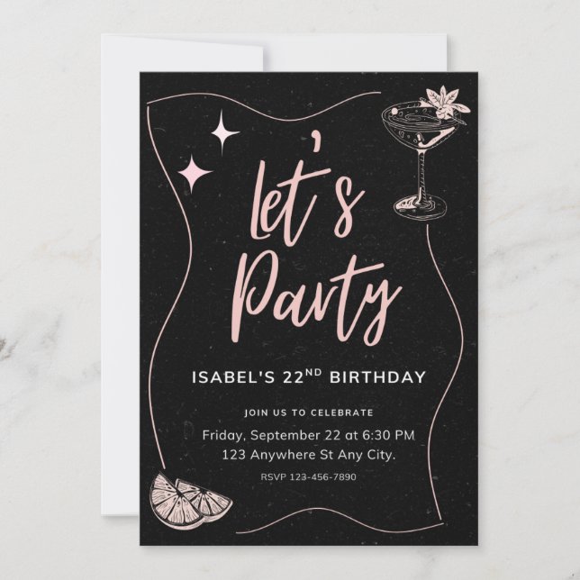 Invitation Fête d'anniversaire de la fille noire et rose (Devant)