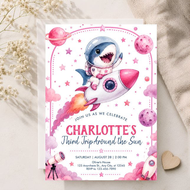 Invitation Fête d'anniversaire de la fille requin spatial 3 a (Créateur téléchargé)