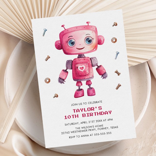 Invitation Fête d'anniversaire de la fille Robot Rose moderne (Créateur téléchargé)