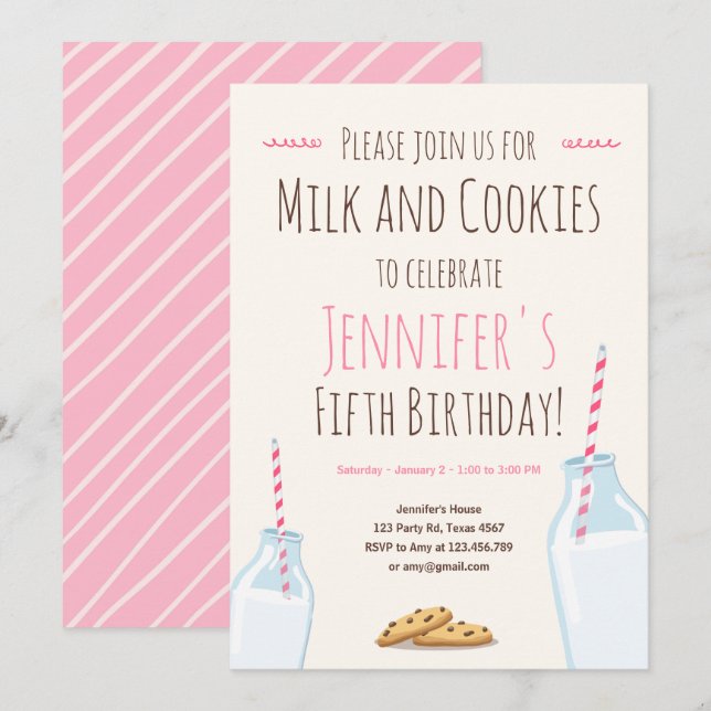Invitation Fête d'anniversaire de la fille rose au lait et au (Devant / Derrière)