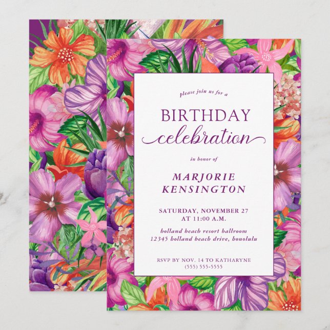 Invitation Fête d'anniversaire de la flore tropicale (Devant / Derrière)