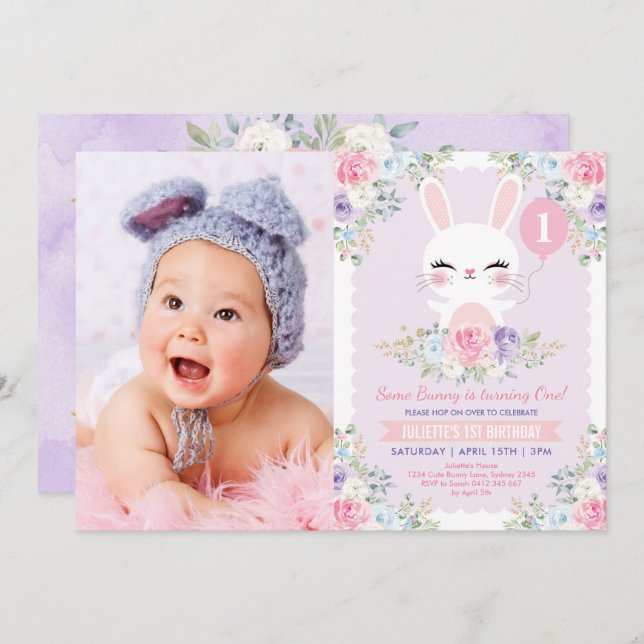 Invitation Fête d'anniversaire de la jeune fille de lapin de  (Devant / Derrière)