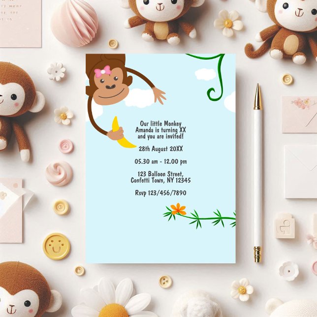 Invitation Fête d'anniversaire de la jungle du singe joyeux p (Cheerful Monkey Jungle Kids Birthday Party)