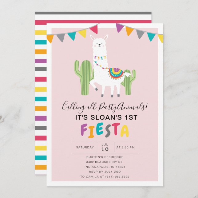 Invitation Fête d'anniversaire de la lama rose vif (Devant / Derrière)