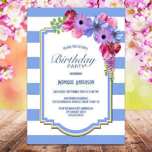Invitation Fête d'anniversaire de la lavande rayée bleue