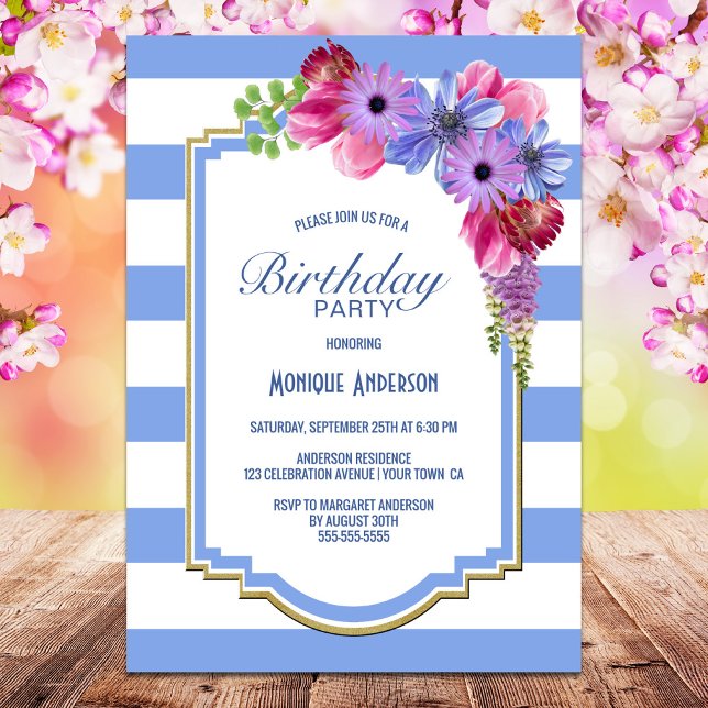Invitation Fête d'anniversaire de la lavande rayée bleue (Créateur téléchargé)