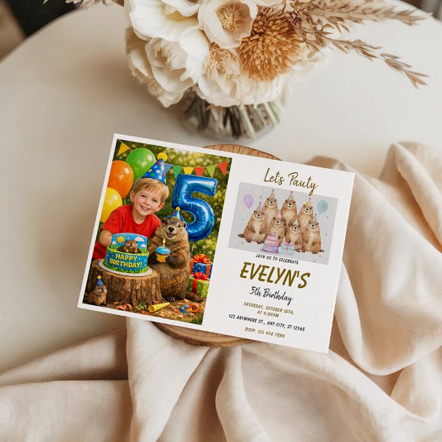 Invitation Fête d'anniversaire de la marmotte pour les 5 ans  (Let’s Party Groundhog 5th Birthday photo – Fun Kids Invitation)