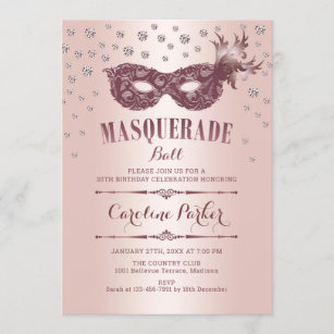 Invitation Fête d'anniversaire de la mascarade rose or Rose
