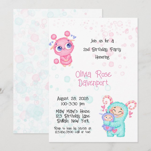 Invitation Fête d'anniversaire de la mignonne Girl Monster (Devant / Derrière)