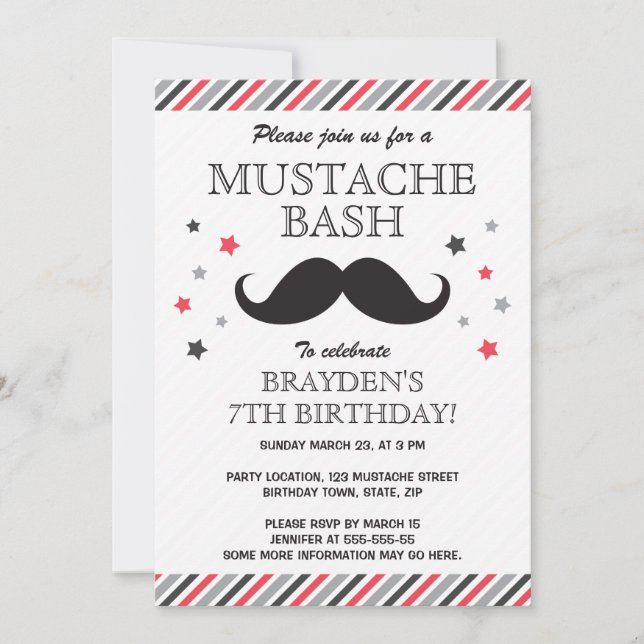 Invitation Fête d'anniversaire de la moustache bash à rayures (Devant)