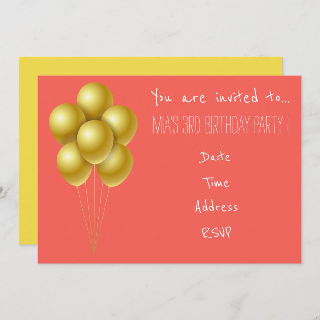 Invitation Fête d'anniversaire de la petite fille en ballons (Devant / Derrière)